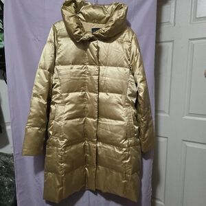Lands’ End Gold Metallic Long Puffer Coat Medium Goose Down Feathers Y2K